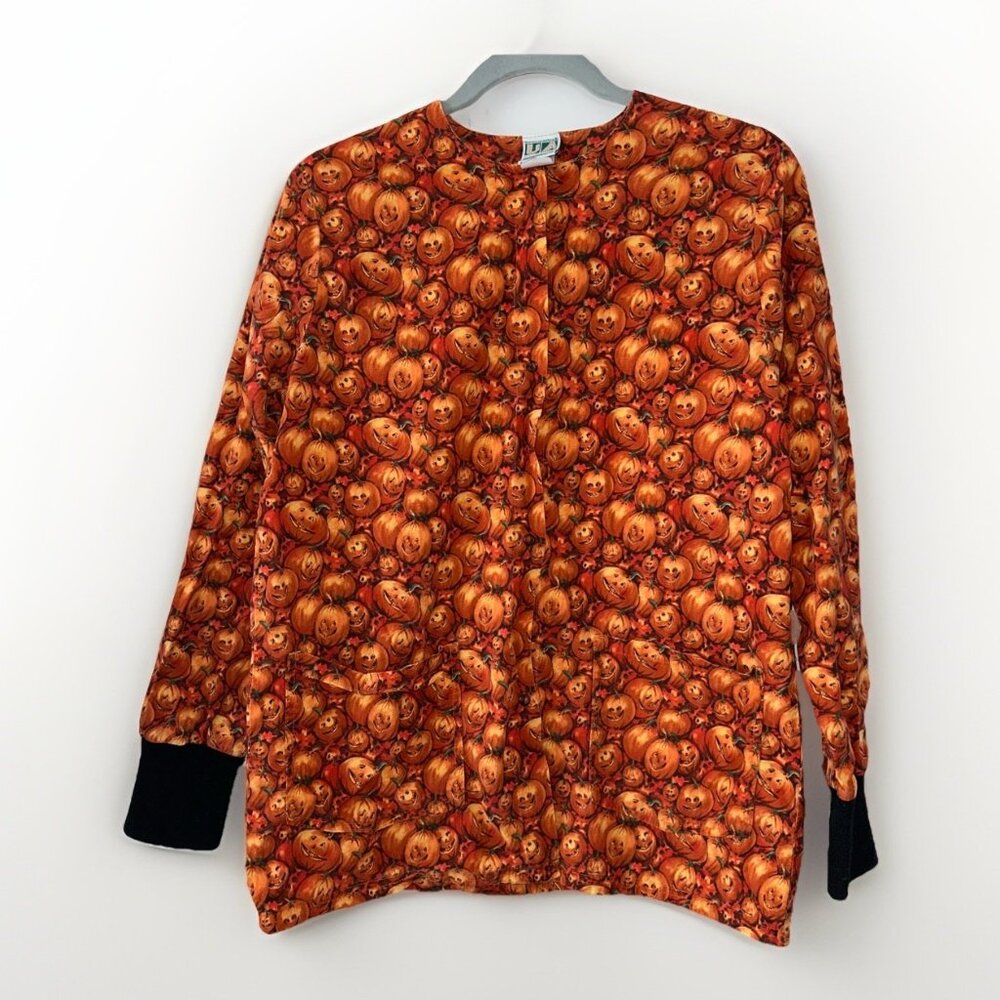 Halloween Scrub Jacket Size S Pumpkins Snap Front Pockets  UA Scrubs 100% Cotton